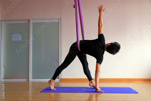 Air yoga training is in yoga hall, Luannan, Hebei, China.