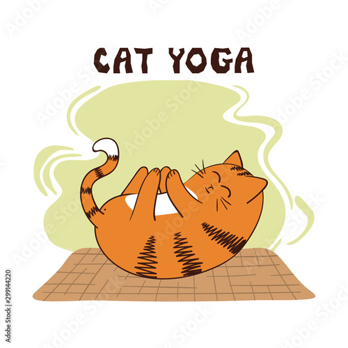 Cartoon funny yoga cat vector illustration. Yoga for kids.