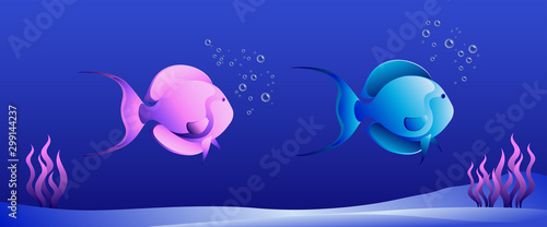 Vector illustration of sea fishes with decor. Seaweed. Sea world