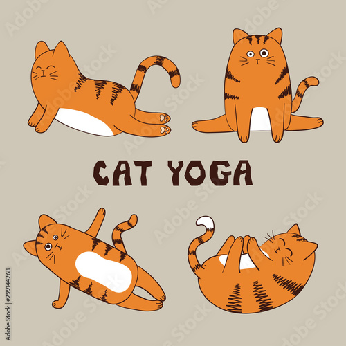 Cartoon funny yoga cat vector illustration. Yoga set for kids.	