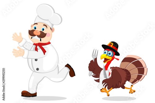 Cook escapes from Turkey with fork and knife on a white. Thanksgiving day.