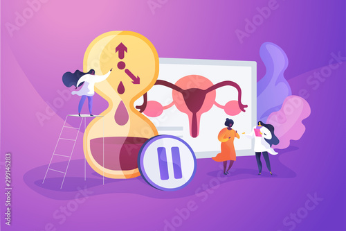 Female personal health concern, worry. Woman getting checked by doctors. Menopause, women climacteric, hormone replacement therapy concept. Vector isolated concept creative illustration