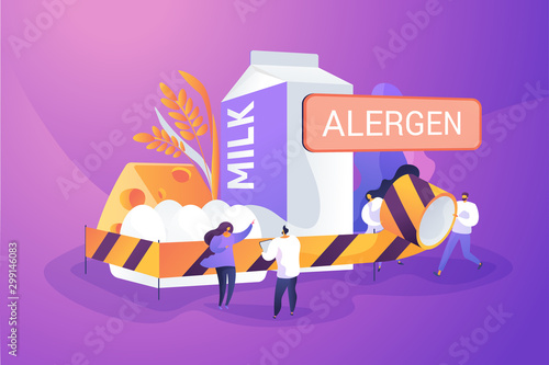 Allergic reaction to milk. Lactose intolerance. Abnormal immune response to food. Food allergy, food allergen ingredient, allergy risk factor concept. Vector isolated concept creative illustration