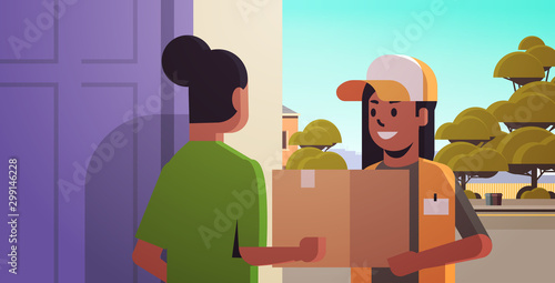 courier woman delivering cardboard parcel box to african american girl recipient at home express delivery service concept horizontal portrait vector illustration