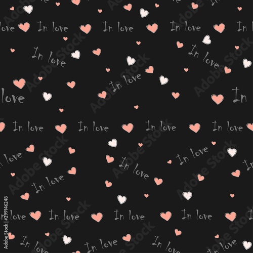 Cute seamless background with hearts and In love written words on black background