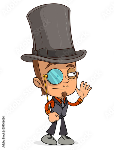 Cartoon brunette gentleman boy character with hat and monocular. Layered EPS ready for animations. Isolated on white background. Vector icon.