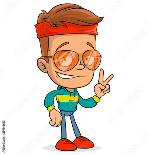 Cartoon funny smiling sport boy character in sunglasses. Layered EPS ready for animations. Isolated on white background. Vector icon.