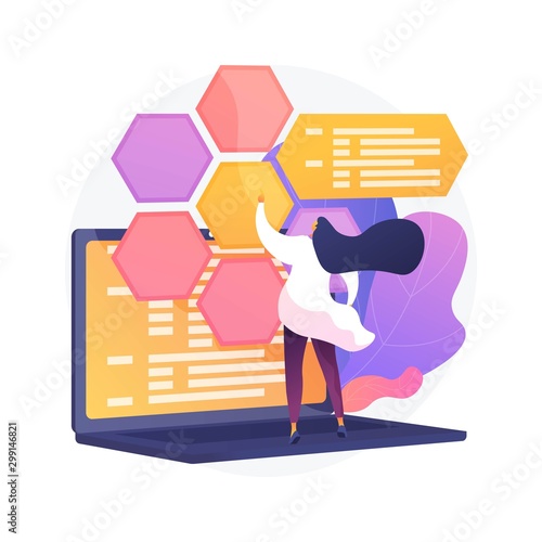 Web development and coding. IT, website optimization, computer software testing. Programmer and developer working female flat character. Vector isolated concept metaphor illustration