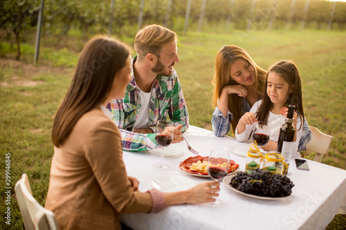 Young people enjoy dinner and wine tasting in the vineyard