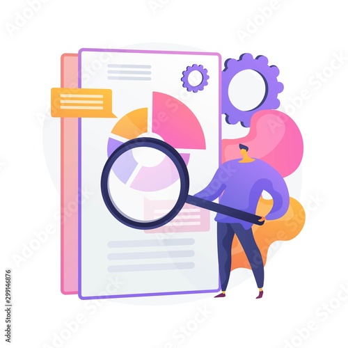 Business documents scanning. Electronic online doc with pie chart infographics. Data analytics, annual report, result checking. Man with magnifying glass. Vector isolated concept metaphor illustration