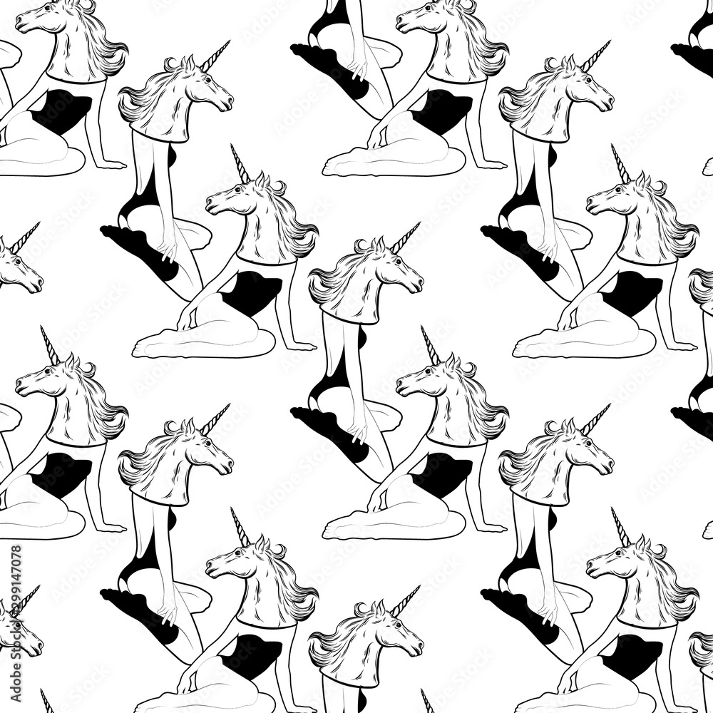 Obraz premium Vector pattern with hand drawn illustration of girl in mask of unicorn isolated. Creative tattoo artwork. Template for card; poster; banner; print for t-shirt; pin; badge; patch.
