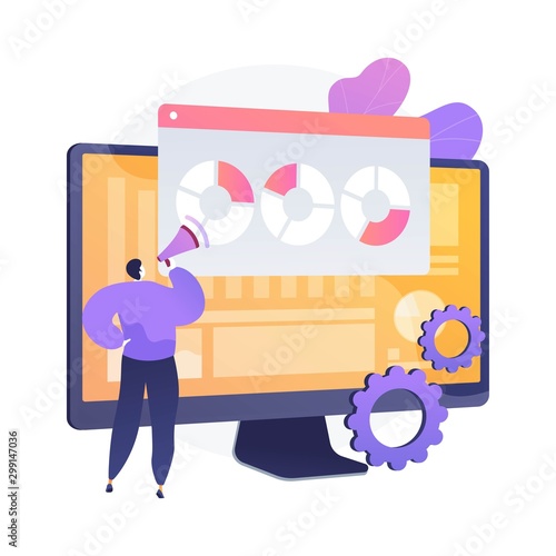 Internet poll results. Marketing survey, report analyzing, questionnaire. Marketer cartoon character with megaphone. Infographics on monitor screen. Vector isolated concept metaphor illustration