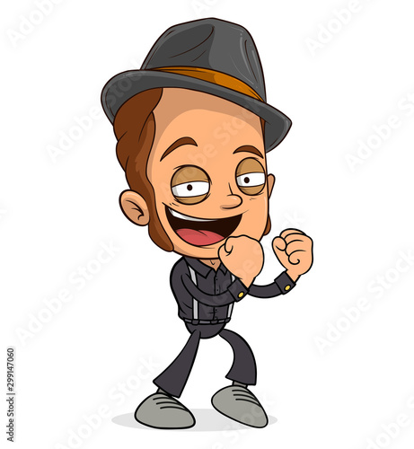 Cartoon funny smiling hooligan boy character with hat and whiskers. Layered EPS ready for animations. Isolated on white background. Vector icon.