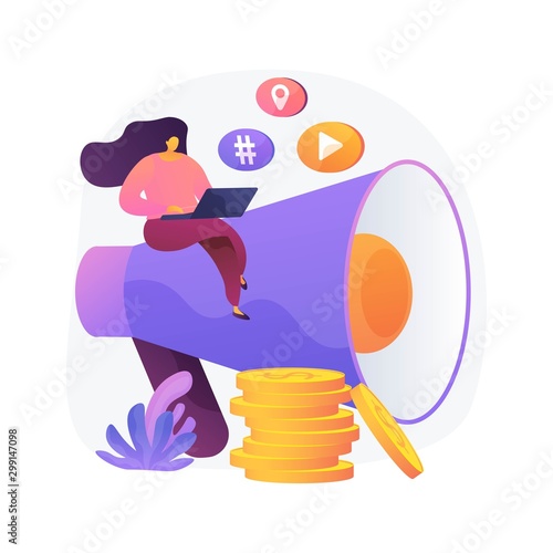 Content marketing. Copywriting, blogging, creative writing. Female cartoon character sitting on megaphone. SMM, Internet promo flat design element. Vector isolated concept metaphor illustration