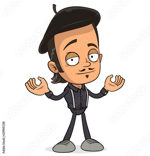 Cartoon funny french artist boy character in black beret. Layered EPS ready for animations. Isolated on white background. Vector icon.