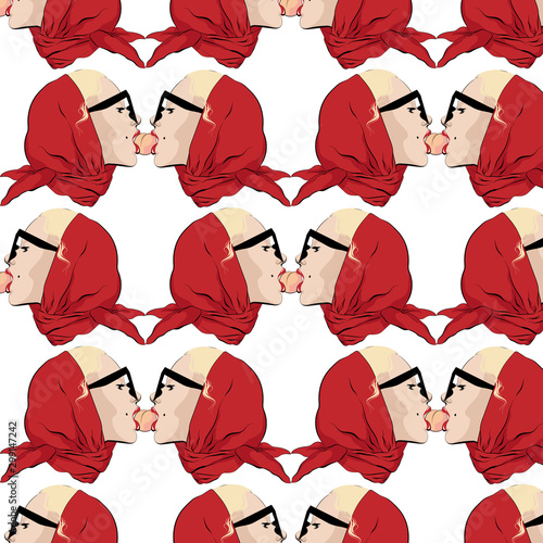 Vector pattern with  hand drawn illustration of blondes  in shawl and glasses biting a peach. Creative artwork. Template for card, poster, banner, print for t-shirt, pin, badge, patch.