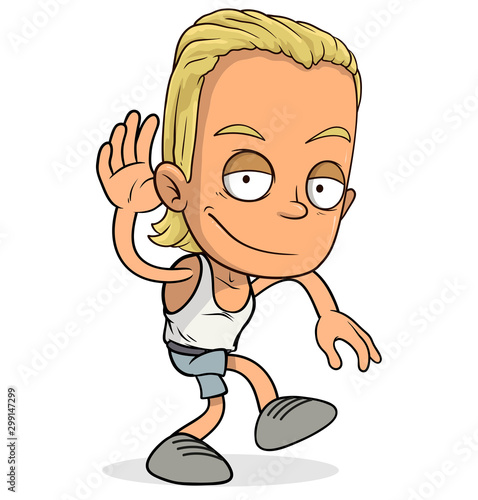 Cartoon blonde handsome funny smiling boy character. Layered EPS ready for animations. Isolated on white background. Vector icon.