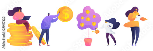 Financial literacy flat vector illustrations set. Freelancer working with laptop. Businessman holding huge coin. Investor watering money tree, deposit investment metaphor. Businesswoman with clipboard