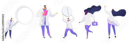 Medical doctors flat vector illustrations set. People in white coats cartoon characters. Woman with first aid kit. Men holding magnifying glass and pill. Therapist with clipboard. Healthcare service