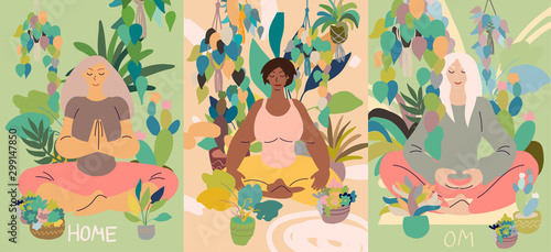 Flat style cartoon cute character, diverse women doing meditation in yoga pose at home surrounded by plants. Healthcare, wellbeing, exercise concept. Minimal vector illustration card set.