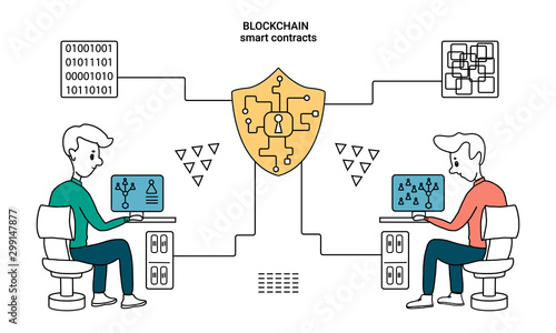 Smart contracts. Internet block chain security and digital validation vector concept. Business chain block, crypto finance digital payment illustration