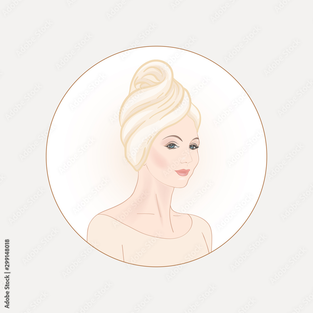 Beautiful woman 30-39 or 40-49 woman with a towel on her head. Hand drawn portrait, vector line art illustration in a circle.