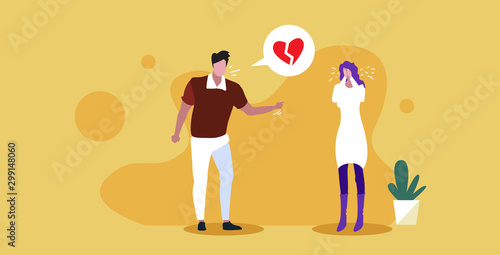 Sad boyfriend shouting at girlfriend chat bubble with broken heart breakup ended relationship divorce concept speech communication full length sketch horizontal vector illustration