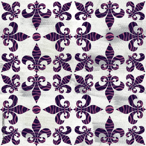 Fleur-de-lis with texture of light violet and dark violet colors drawn on a light background