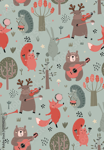 Vector seamless pattern with hand drawn wild forest animals with musical instruments.