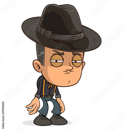 Cartoon funny sad mafia boy character in black hat. Layered EPS ready for animations. Isolated on white background. Vector icon.