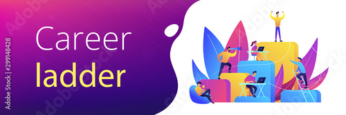 Business people work and climb the corporate ladder. Employment hierarchy, career planning, career ladder and growth concept on white background. Header or footer banner template with copy space.