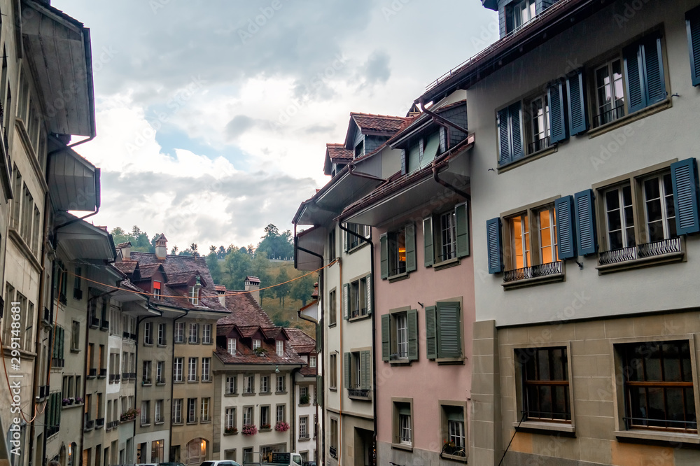 Bern, Switzerland. Old houses on the street of the medieval city center