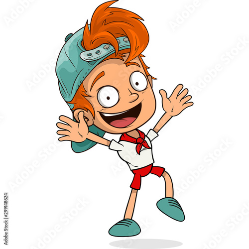 Cartoon redhead funny smiling boy character in cap. Layered EPS ready for animations. Isolated on white background. Vector icon.