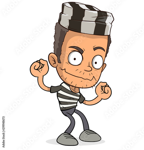 Cartoon standing funny prisoner boy character in jail uniform. Layered EPS ready for animations. Isolated on white background. Vector icon.