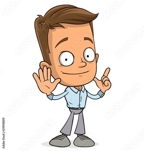 Cartoon funny smiling boy character showing stop gesture. Layered EPS ready for animations. Isolated on white background. Vector icon.