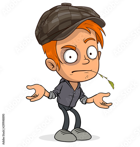 Cartoon funny redhead hooligan boy character with cap and bruise. Layered EPS ready for animations. Isolated on white background. Vector icon.