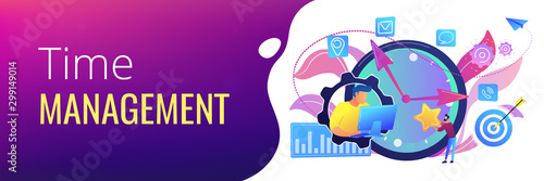 Businessman trying to accomplish tasks and goals on time and big clock and computer. Time management, effective time spending, time planning concept. Header or footer banner template with copy space.