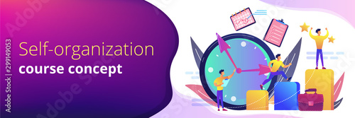 Businessman sets goals and runs up on graph columns for success on time. Self-management, self regulation learning, self-organization course concept. Header or footer banner template with copy space.