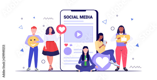 people holding social media icons network chat bubble communication concept mix race men women using online mobile application sketch full length horizontal vector illustration