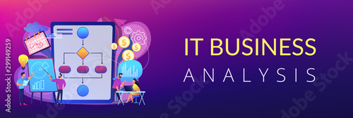 Businessmen work with improvement diagrams and charts. Business process management, business process visualization, IT business analysis concept. Header or footer banner template with copy space.