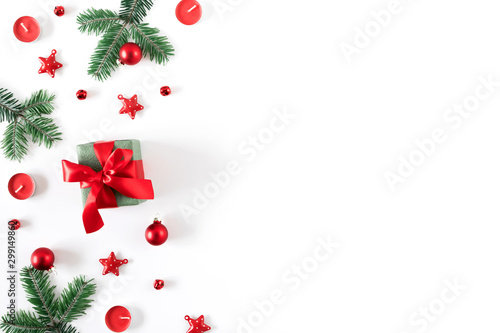 Christmas holiday composition. Xmas decorations on white background. Christmas, New Year, winter concept. Flat lay, top view, copy space
