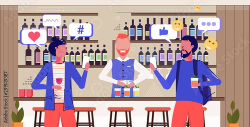 people drinking cocktails social media network chat bubble communication concept visitors using online mobile app modern pub interior sketch portrait horizontal vector illustration