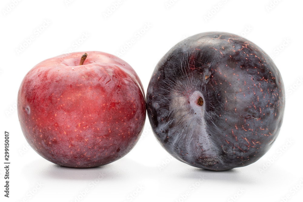 Obraz premium Group of two whole fresh red plum isolated on white background