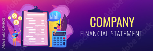 Financial analysts doing income statement with calculator and laptop. Income statement, company financial statement, balance sheet concept. Header or footer banner template with copy space.