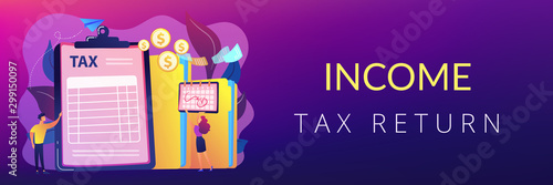 Businessman and accountant filling financial document form on clipboard and payment date. Tax form, income tax return, company tax payment concept. Header or footer banner template with copy space.