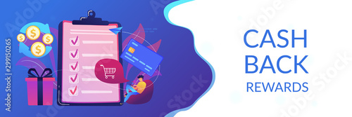 Cardholder with smartphone shopping online and getting cach rewards and checklist. Cash back service, cash back rewards, money back concept. Header or footer banner template with copy space.