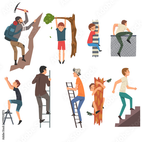Men Overcoming Obstacles Set, Male Characters Climbing Up the Step Ladder, Tree, Pole, Fence, Rock Mountain Vector Illustration