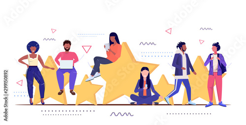 mix race people using digital gadgets customers review five stars rating client feedback satisfaction level concept men women standing together sketch full length horizontal vector illustration