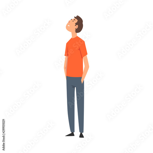 Young Man in Casual Clothes Looking Up Vector Illustration
