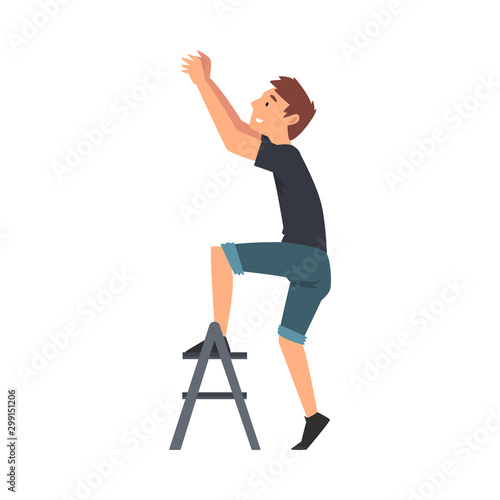 Man Standing on a Step Ladder and Changing Light Bulb Vector Illustration